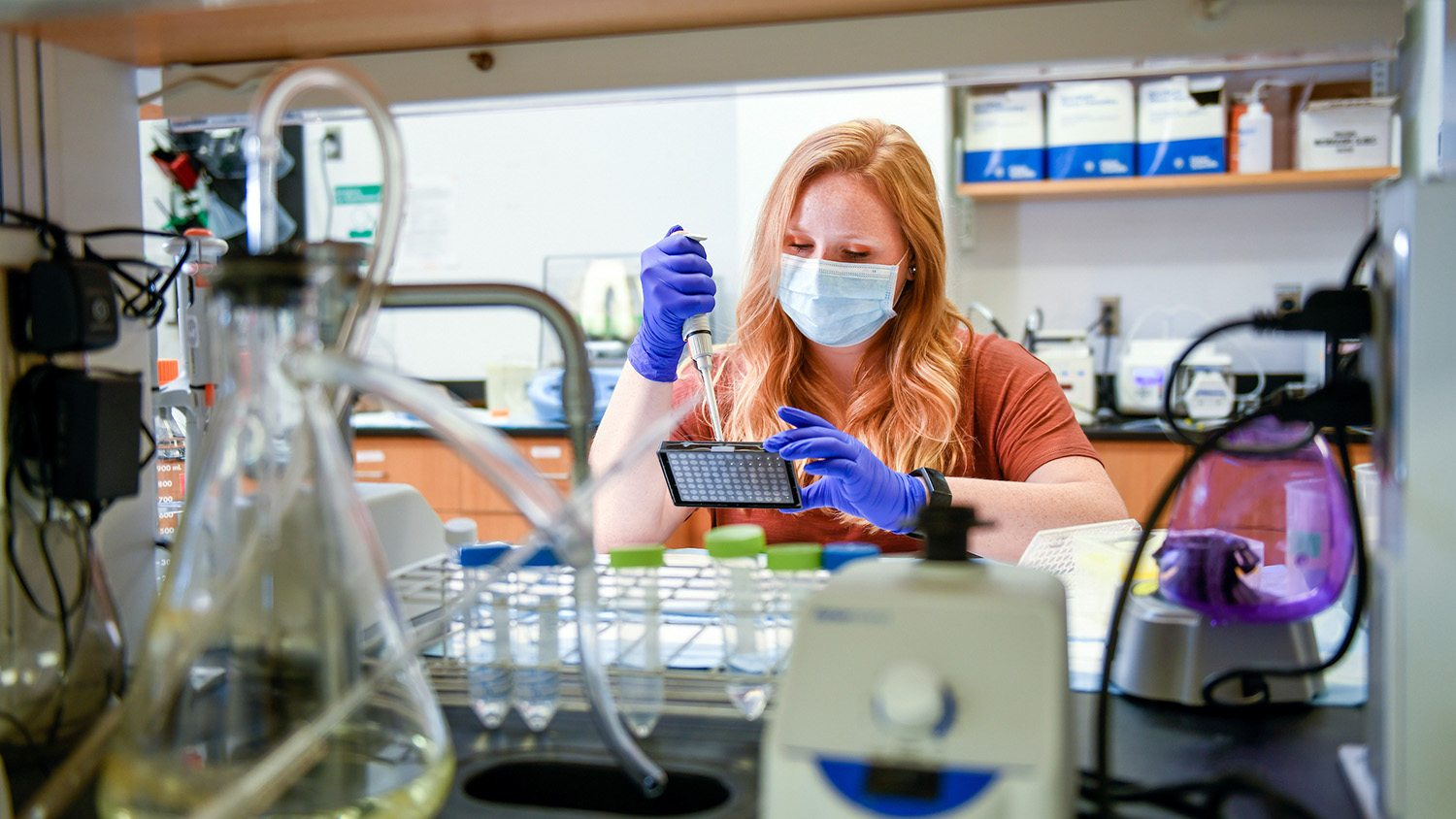 Graduate and post-doctoral students remain on campus to complete their research in Molecular and Structural Biochemistry during the fall 2020 semester. Photo by Becky Kirkland.