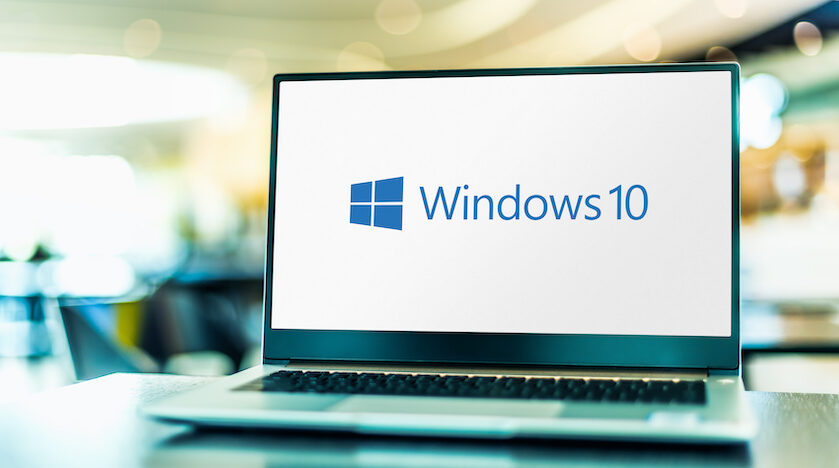 Laptop computer displaying logo of Windows 10