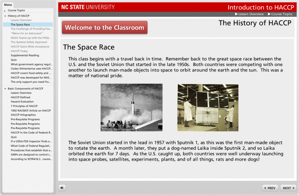 The History of HACCP: Screenshot of The Space Race course page