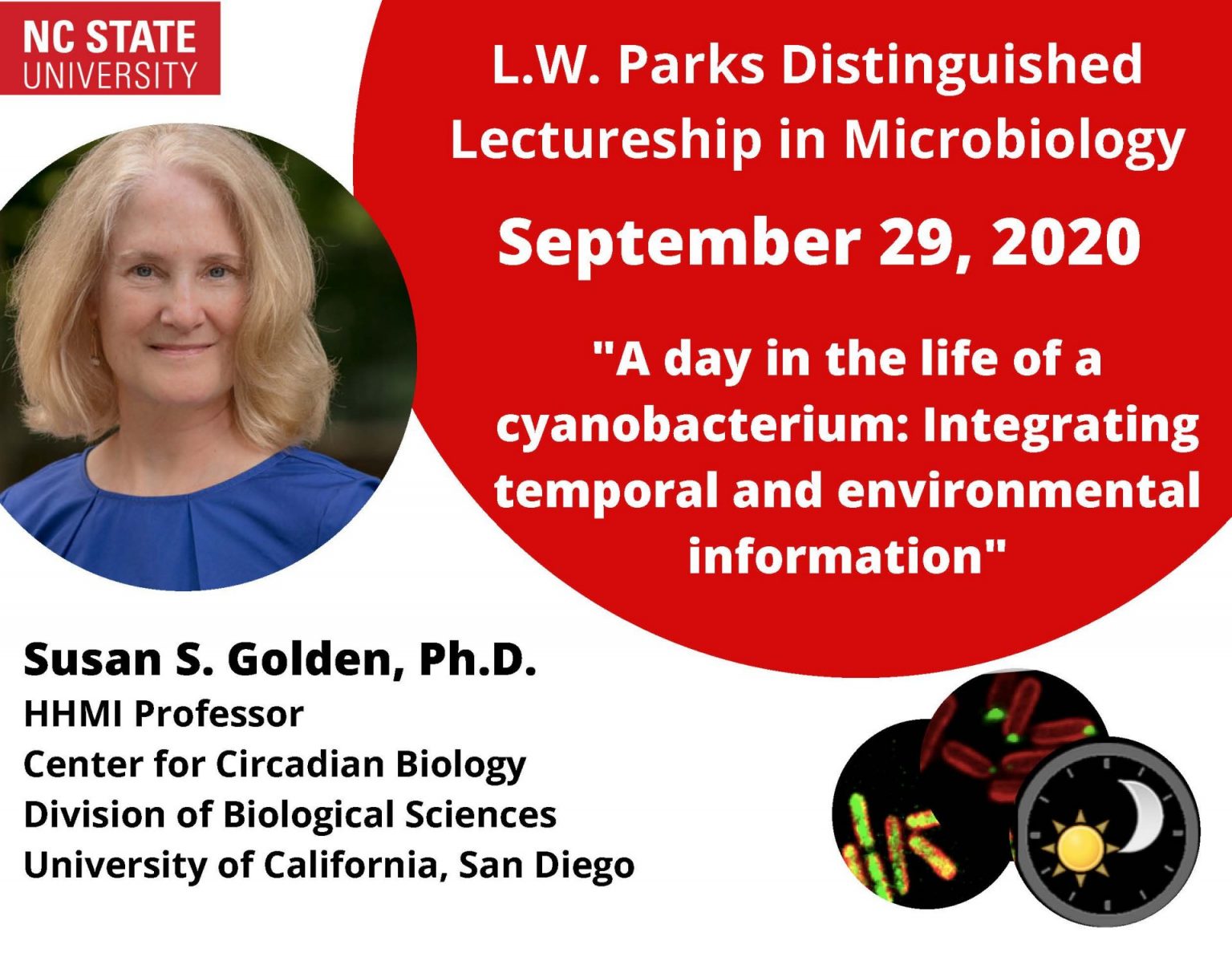 Header for news post - Flyer for L.W. Parks Distinguished Lectureship in Microbiology on September 29, 2020, with head shot of Susan Golden, Ph.D. (HHMI Professor at the Center for Circadian Biology at the University of California San Diego) - Talk titled: "A day in the life of a cyanobacterium: Integrating temporal and environmental information"